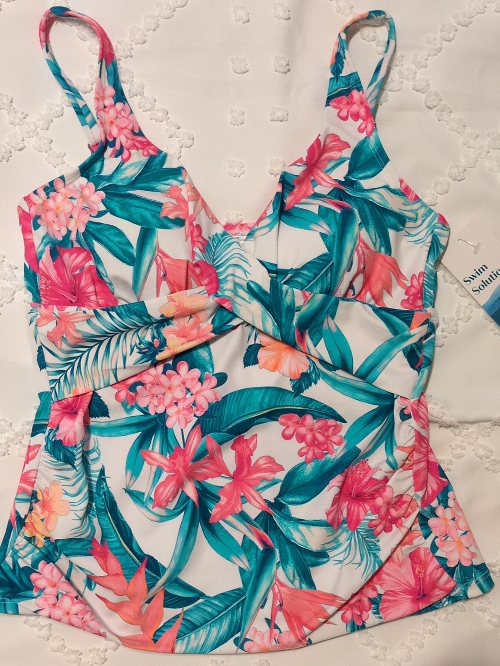 Swim Solutions Tropical Floral Tankini  Teal & Coral Sz 8
